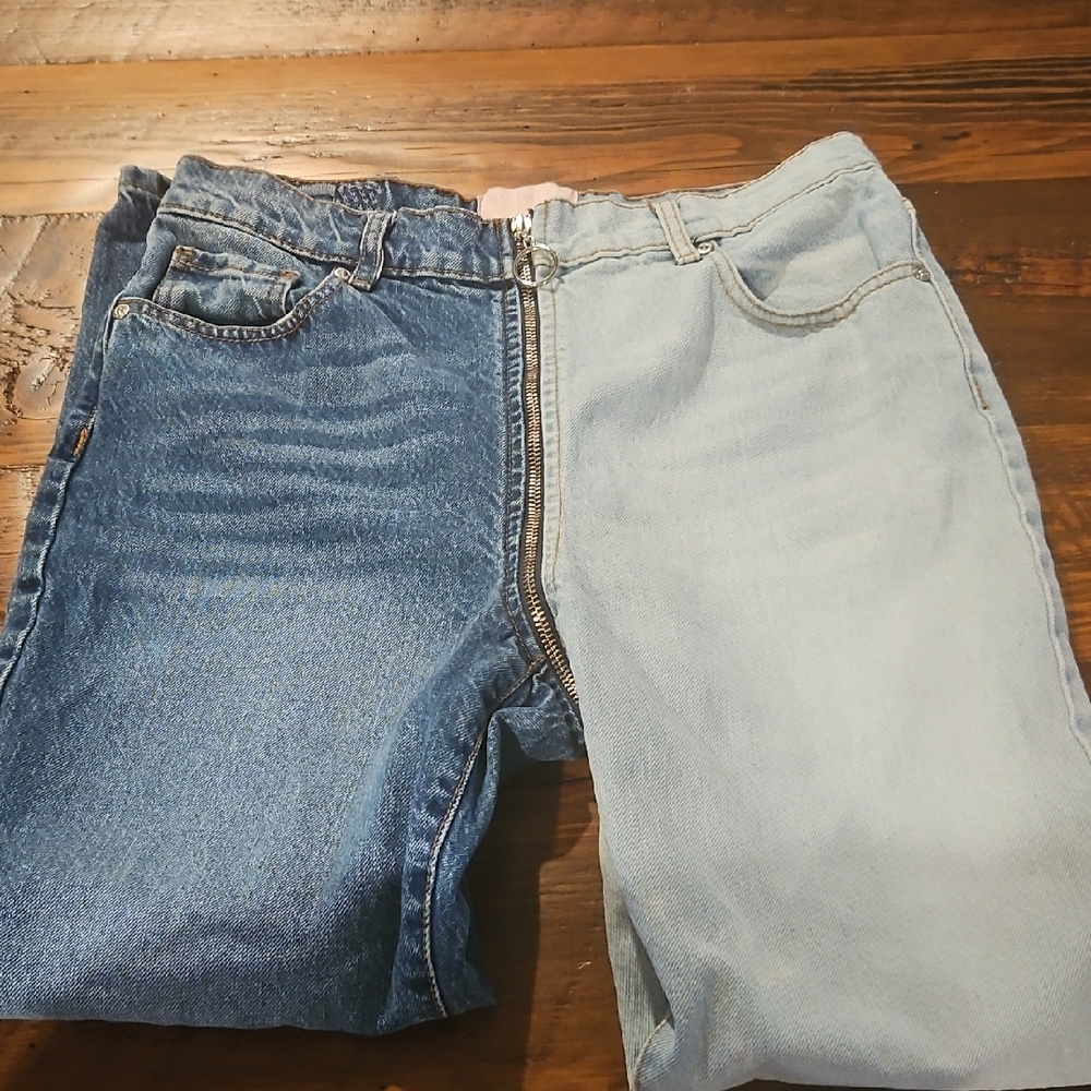 Two-Tone Zip-Front Denim Jeans - Dark & Light Blue